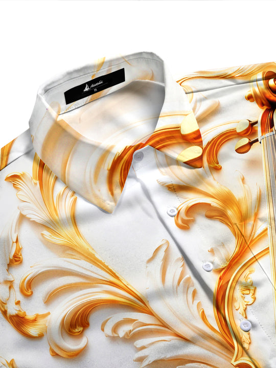 Adaychic Men's Gilded Carved Violin With Baroque Relief Print Long Sleeve Shirt with Chest Pocket