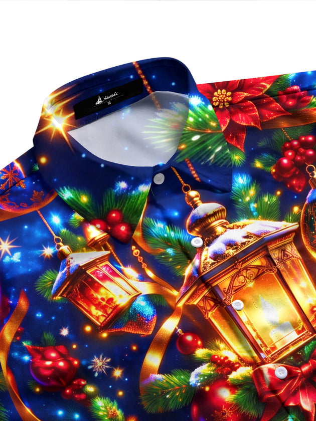 Adaychic Men's Printed Christmas Lanterns And Ornaments Print Long Sleeve Shirt with Chest Pocket