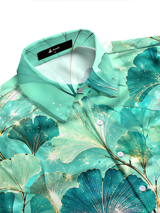 Adaychic Men's Hawaiian Ginkgo Leaf Pattern Long Sleeve Shirt with Chest Pocket