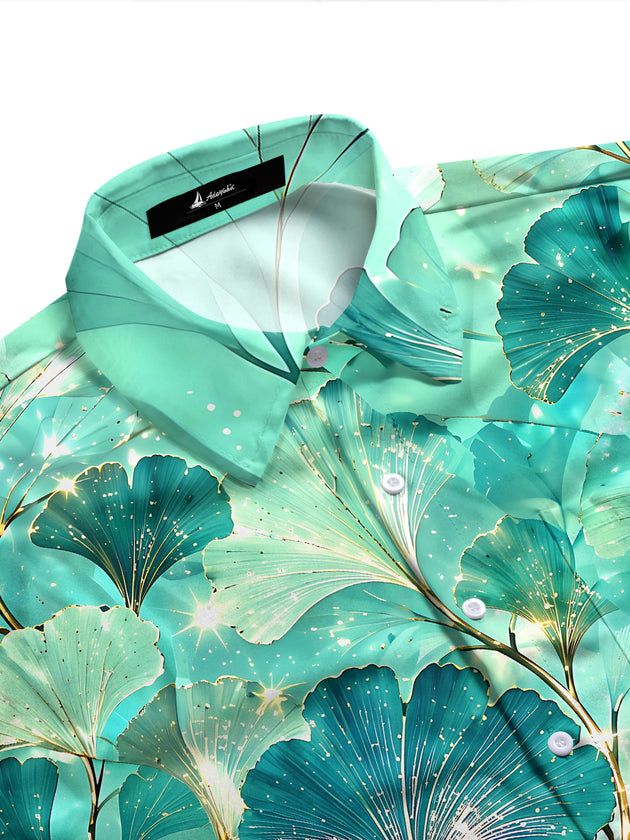 Adaychic Men's Hawaiian Ginkgo Leaf Pattern Long Sleeve Shirt with Chest Pocket