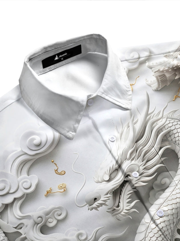Adaychic Men's 3D 3D Dragon Print Chinese Clouds Print Short Sleeve Shirt with Chest Pocket