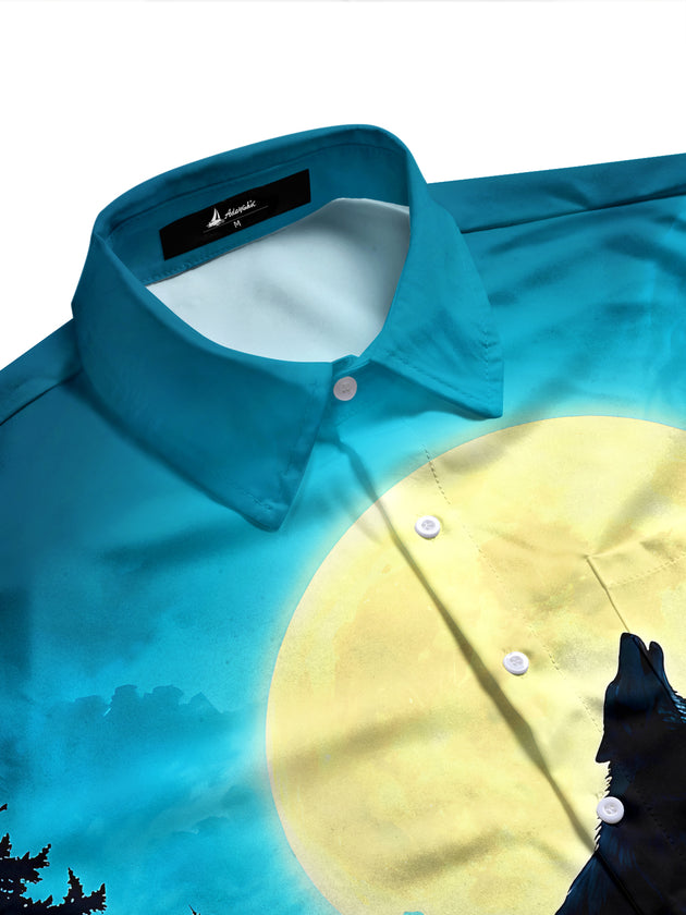 Adaychic Men's Printed Howling Wolf And Full Moon Print Long Sleeve Shirt with Chest Pocket