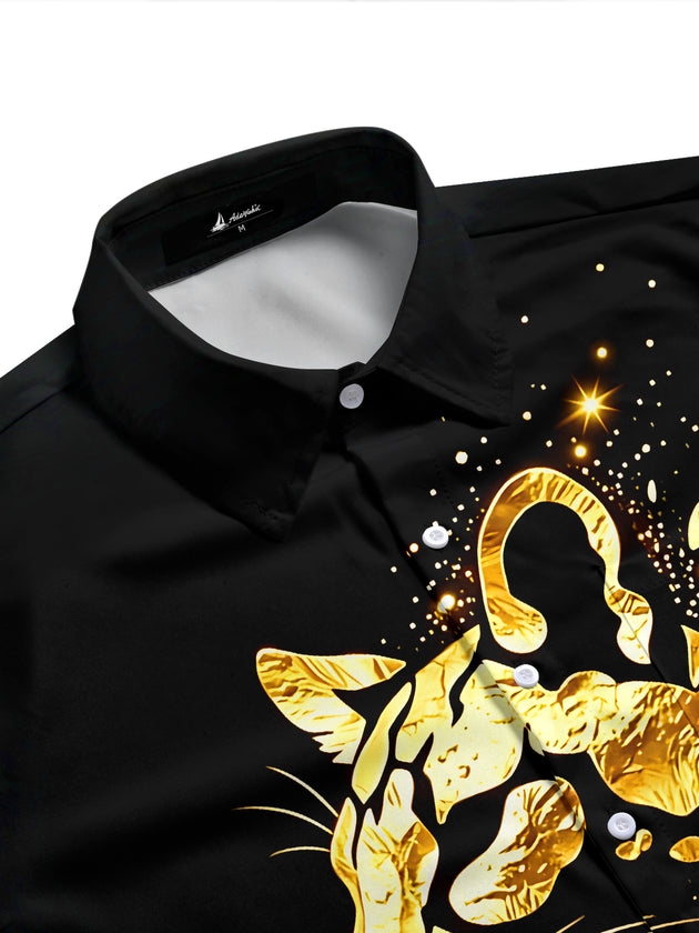 Adaychic Men's Printed Gold Leopard Head Print Short Sleeve Shirt with Chest Pocket
