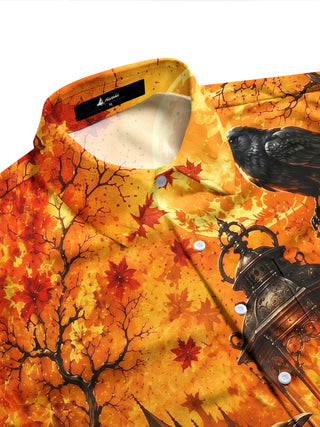Adaychic Men's Printed Halloween Raven Castle Lantern Print Long Sleeve Shirt with Chest Pocket