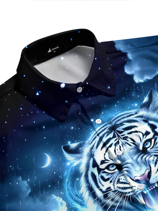 Adaychic Men's Graphic White Tiger Print Short Sleeve Shirt with Chest Pocket