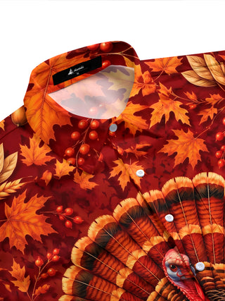 Adaychic Men's Thanksgiving Turkey And Autumn Leaves Print Short Sleeve Shirt with Chest Pocket