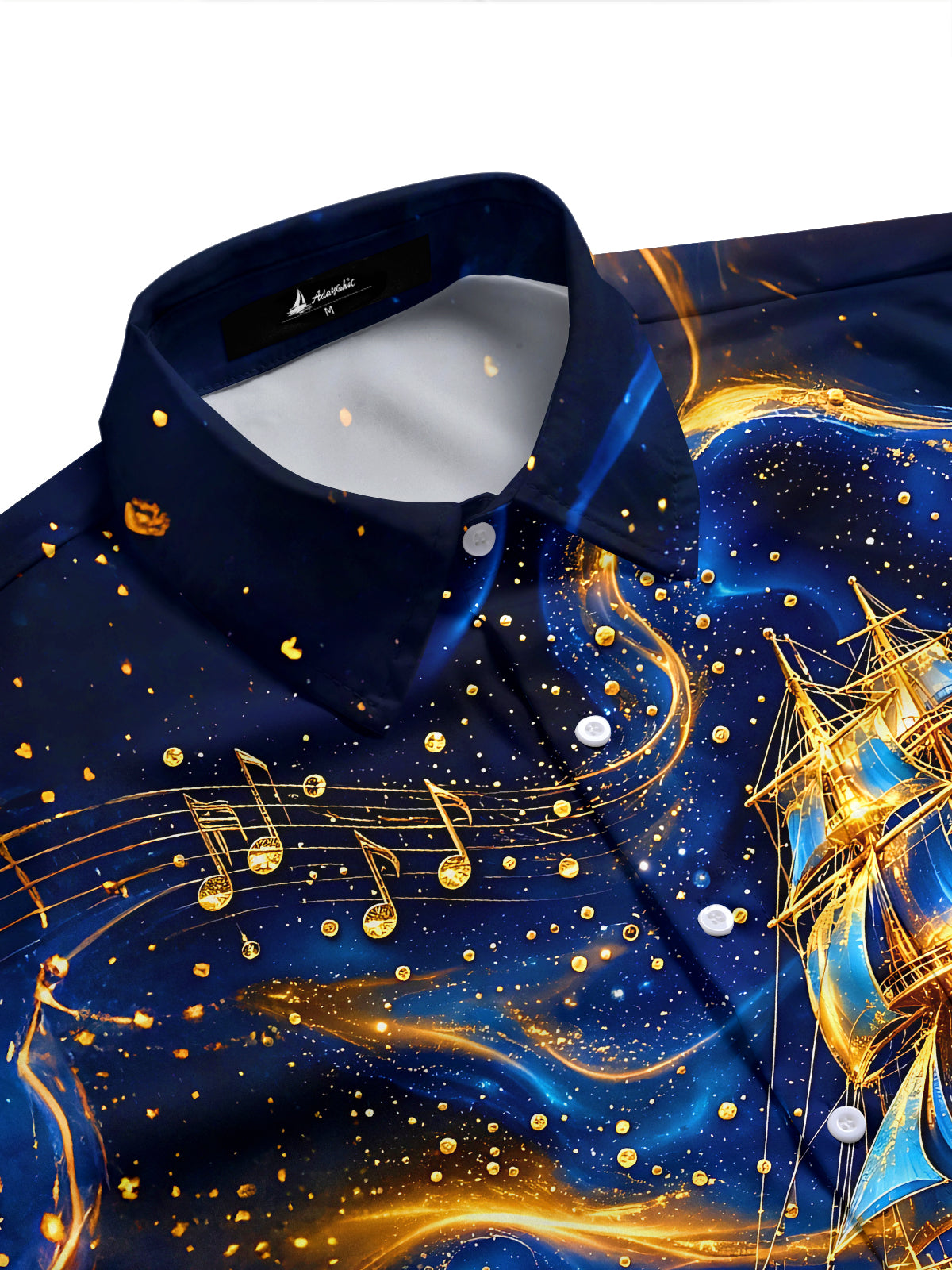 Adaychic Men's Printed Sailing Ship Print Music Notes Print Short Sleeve Shirt with Chest Pocket