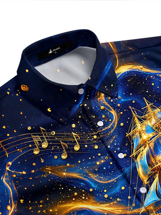 Adaychic Men's Printed Sailing Ship Print Music Notes Print Short Sleeve Shirt with Chest Pocket