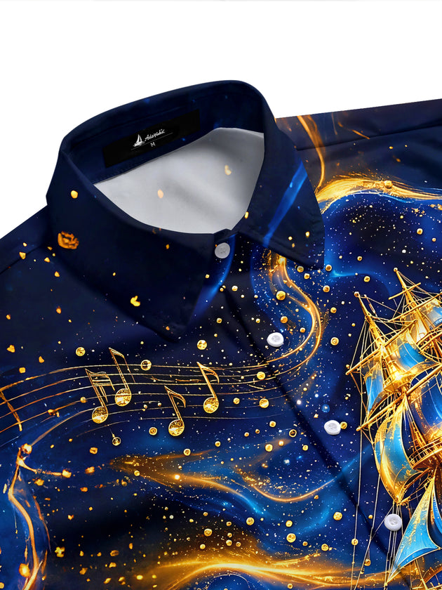 Adaychic Men's Printed Sailing Ship Print Music Notes Print Short Sleeve Shirt with Chest Pocket