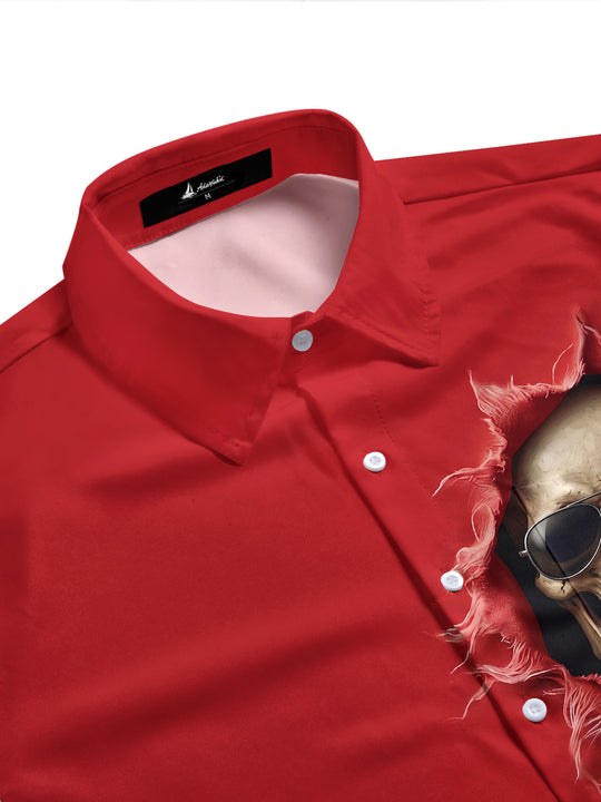 Adaychic Men's Short Sleeve Shirt - Halloween Skull With Sunglasses And Skeleton Hand Holding Jack-o-lantern Print with Chest Pocket
