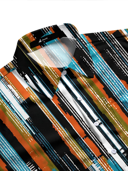 Adaychic Men's Printed Abstract Geometric Stripes Print Long Sleeve Shirt with Chest Pocket