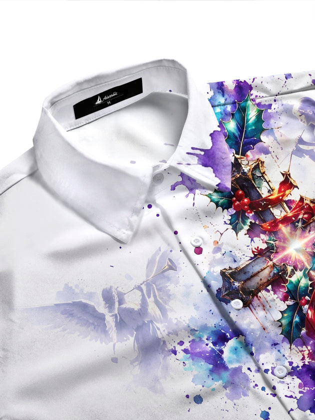 Adaychic Men's Graphic Christmas Cross And Angels Print Long Sleeve Shirt
