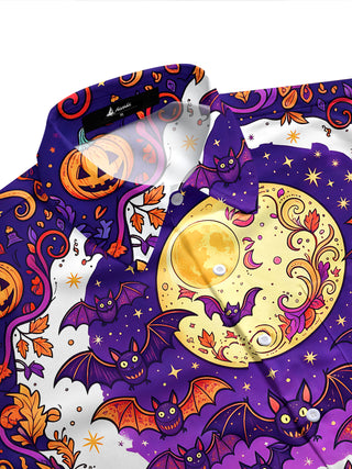 Adaychic Men's Halloween Black Cats And Pumpkins Print Short Sleeve Shirt with Chest Pocket