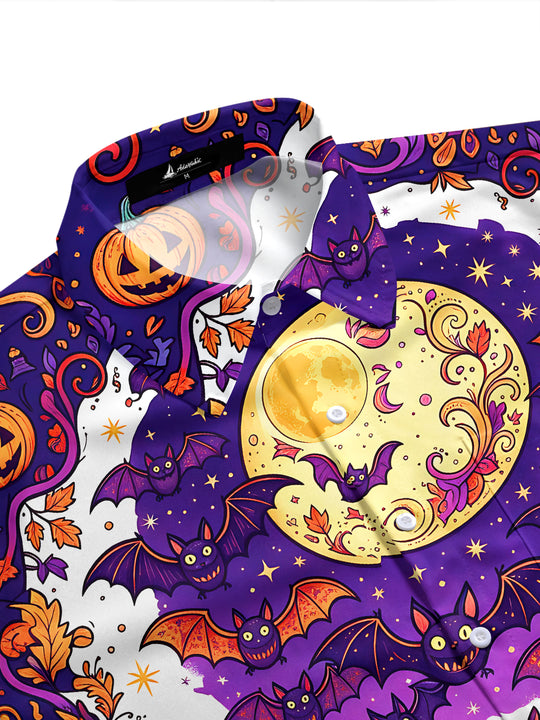 Adaychic Men's Halloween Black Cats And Pumpkins Print Short Sleeve Shirt with Chest Pocket
