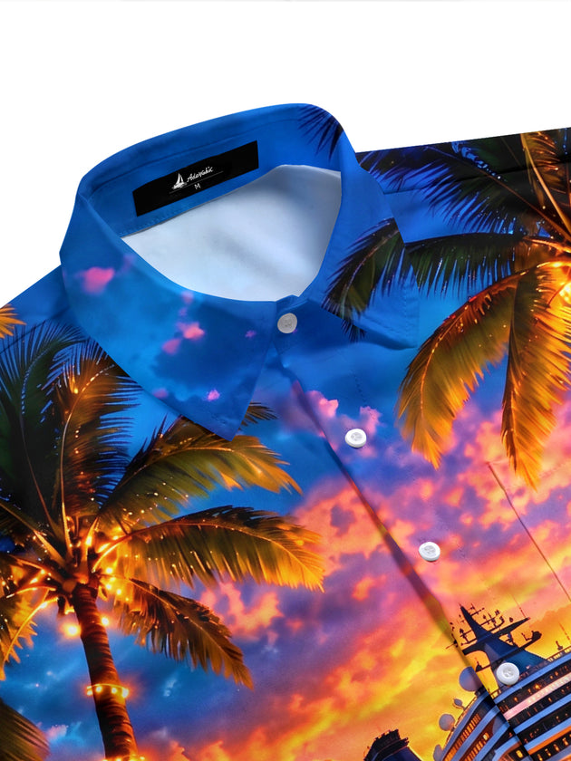 Adaychic Men's Cruise Ship And Palm Trees At Sunset Print Short Sleeve Shirt with Chest Pocket