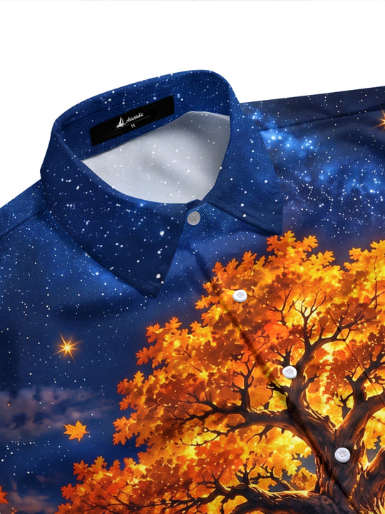 Adaychic Men's Autumn Tree And Starry Night Landscape Print Short Sleeve Shirt with Chest Pocket