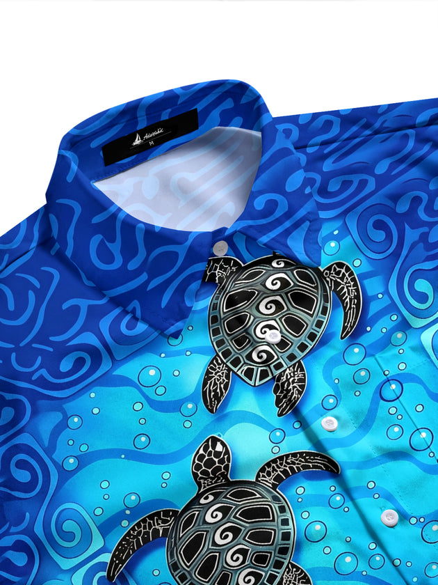 Adaychic Men's Hawaiian Sea Turtle Print Ocean Waves Print Long Sleeve Shirt with Chest Pocket
