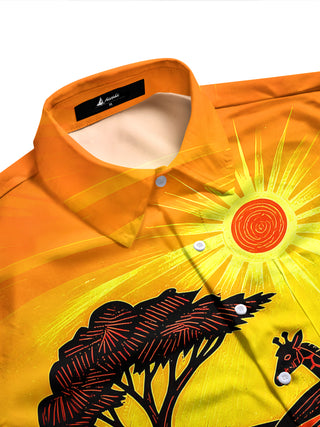 Adaychic Men's Hawaiian African Safari Sunset Print Long Sleeve Shirt with Chest Pocket
