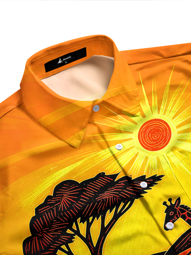 Adaychic Men's Hawaiian African Safari Sunset Print Long Sleeve Shirt with Chest Pocket