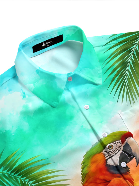Adaychic Men's Hawaiian Parrot And Palm Leaf Sunset Print Short Sleeve Shirt with Chest Pocket