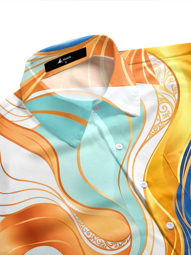 Adaychic Men's Printed Abstract Colorful Waves Print Short Sleeve Shirt with Chest Pocket