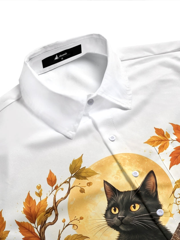 Adaychic Men's Black Cat Playing Mandolin Print Short Sleeve Shirt with Chest Pocket
