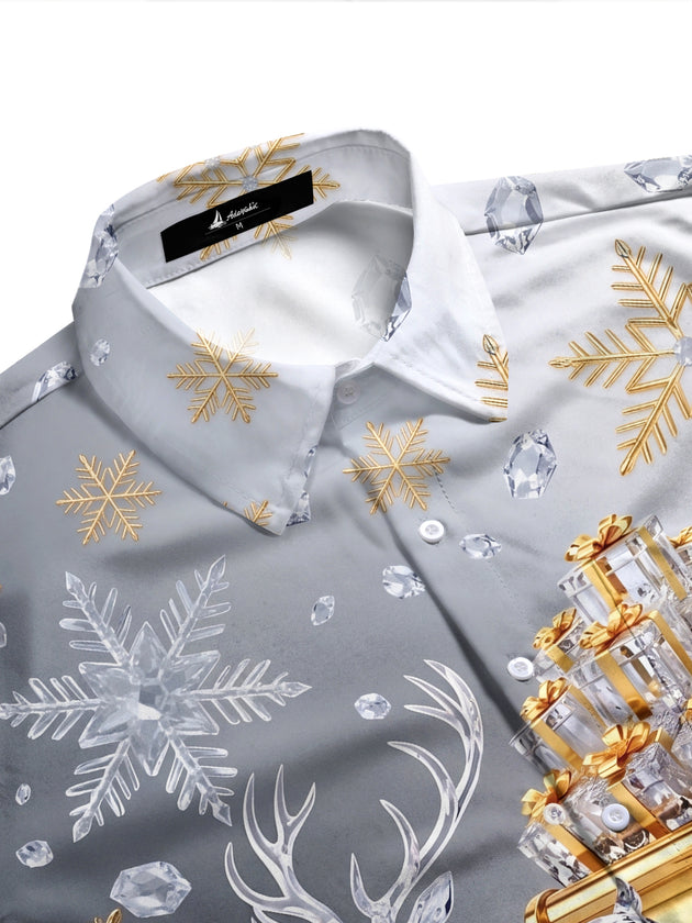 Adaychic Men's Graphic Christmas Reindeer Sleigh Print Long Sleeve Shirt with Chest Pocket