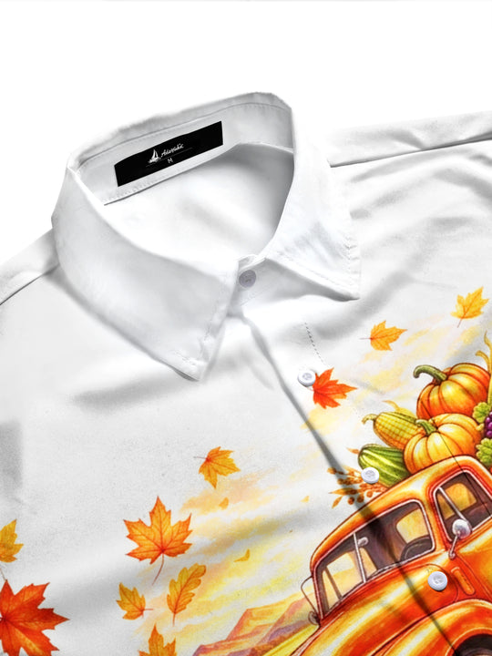 Adaychic Men's Long Sleeve Shirt - Thanksgiving Vintage Truck With Harvest Produce Print with Chest Pocket
