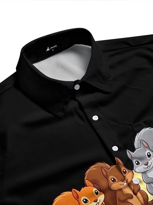 Adaychic Men's Long Sleeve Shirt - Autumn Squirrels On Branch With Leaves And Acorns Print with Chest Pocket