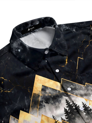 Adaychic Men's Geometric Mountains And Forest Trees Print Long Sleeve Shirt with Chest Pocket
