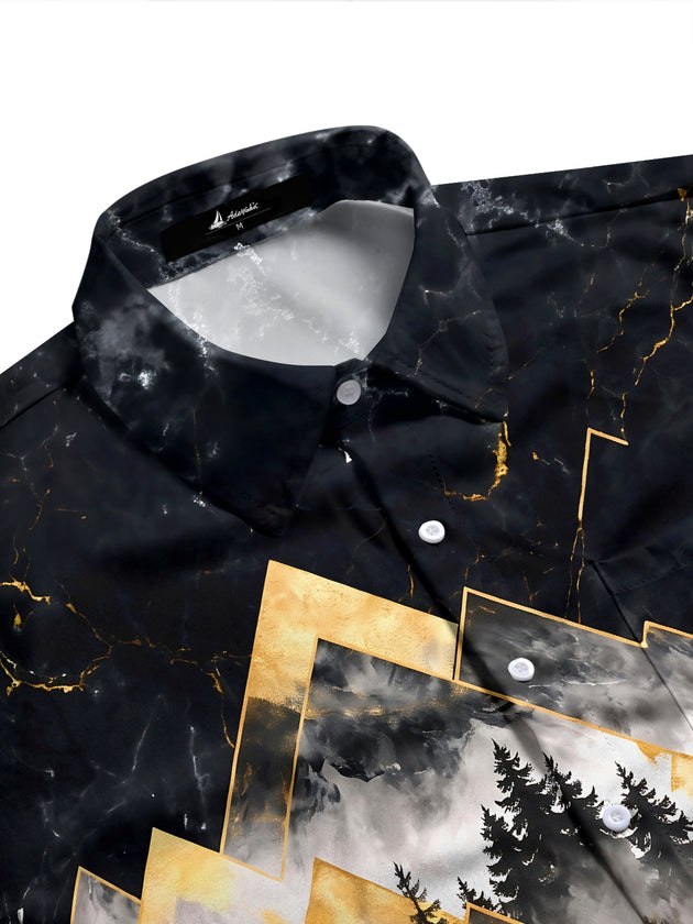 Adaychic Men's Geometric Mountains And Forest Trees Print Long Sleeve Shirt with Chest Pocket