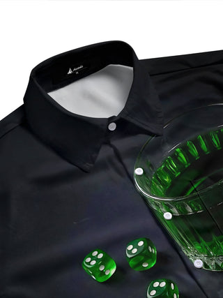 Adaychic Men's Printed Poker Cards Print Green Dice Print Short Sleeve Shirt with Chest Pocket