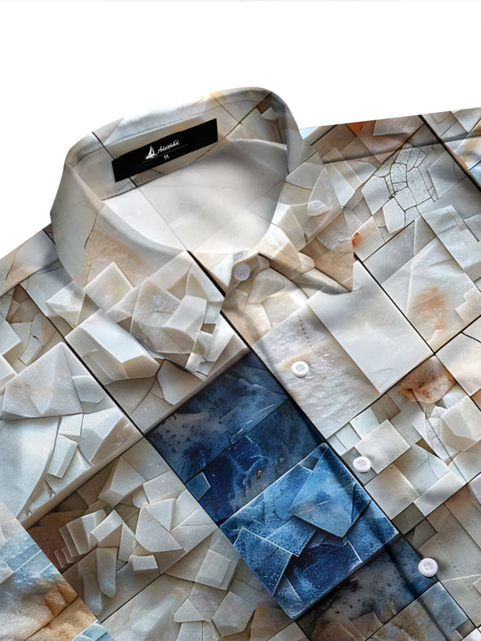 Adaychic Men's Patterned 3D Stone Blocks Print Long Sleeve Shirt with Chest Pocket