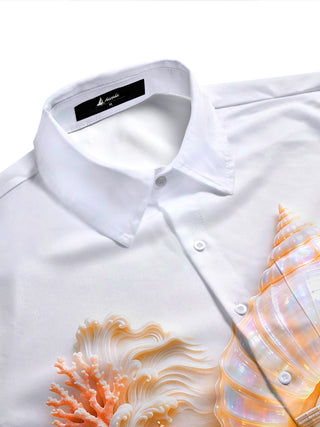 Adaychic Men's 3D Relief Seashell Undersea Temple Print Short Sleeve Shirt with Chest Pocket