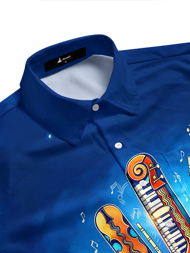 Adaychic Men's Graphic Musical Instruments Palm Tree Print Short Sleeve Shirt with Chest Pocket