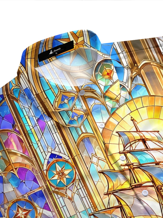 Adaychic Men's Printed Stained Glass Sailing Ship Print Short Sleeve Shirt with Chest Pocket