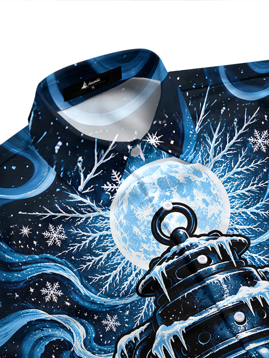Adaychic Men's Short Sleeve Shirt - Vintage Kerosene Lantern With Winter Landscape Print with Chest Pocket