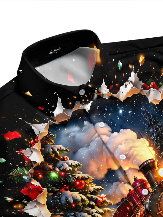 Adaychic Men's Christmas Steam Train And Snowy Forest Print Short Sleeve Shirt with Chest Pocket