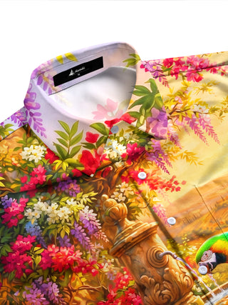 Adaychic Men's Colorful Parrot And Garden Fountain Print Long Sleeve Shirt with Chest Pocket