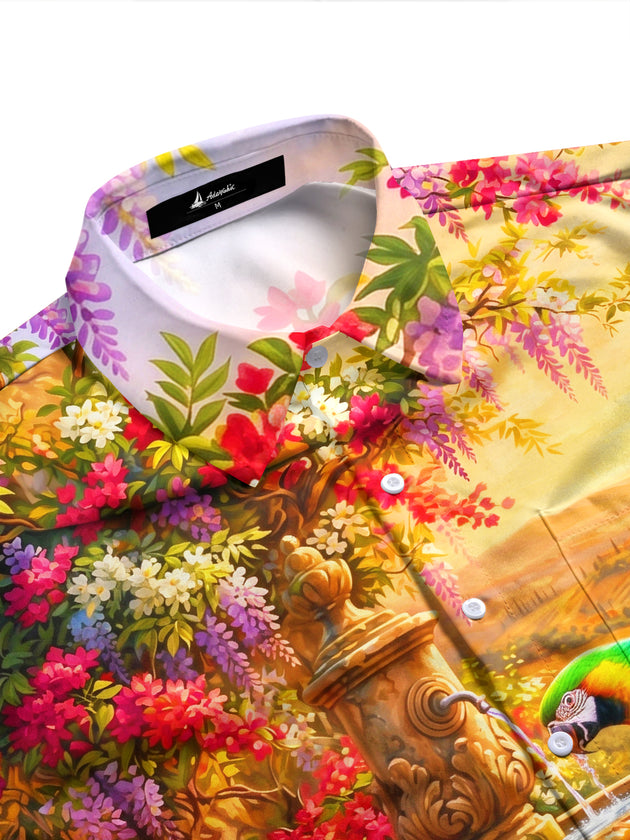 Adaychic Men's Colorful Parrot And Garden Fountain Print Long Sleeve Shirt with Chest Pocket