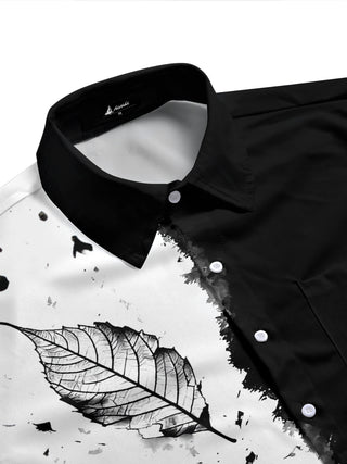Adaychic Men's Printed Black Leaf Skeleton Print Short Sleeve Shirt with Chest Pocket