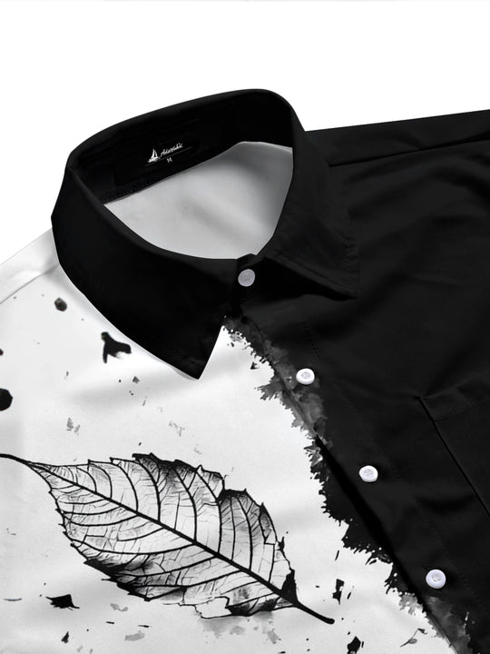 Adaychic Men's Printed Black Leaf Skeleton Print Short Sleeve Shirt with Chest Pocket