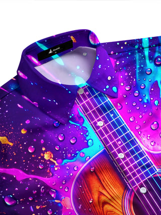 Adaychic Men's Long Sleeve Shirt - Acoustic Guitar With Neon Splash And Water Droplets Print with Chest Pocket