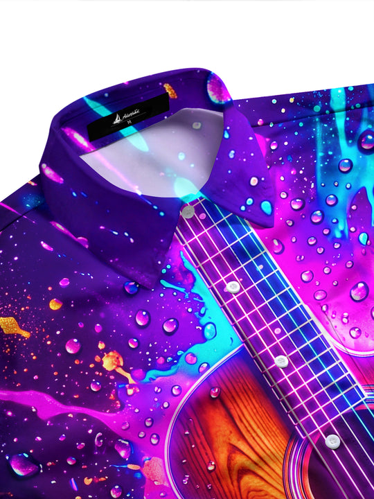Adaychic Men's Long Sleeve Shirt - Acoustic Guitar With Neon Splash And Water Droplets Print with Chest Pocket