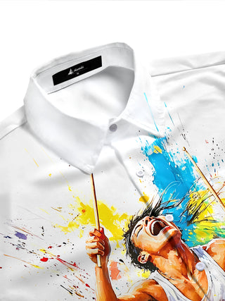 Adaychic Men's Drummer Paint Splatter Graphic Print Short Sleeve Button Down Shirt with Chest Pocket