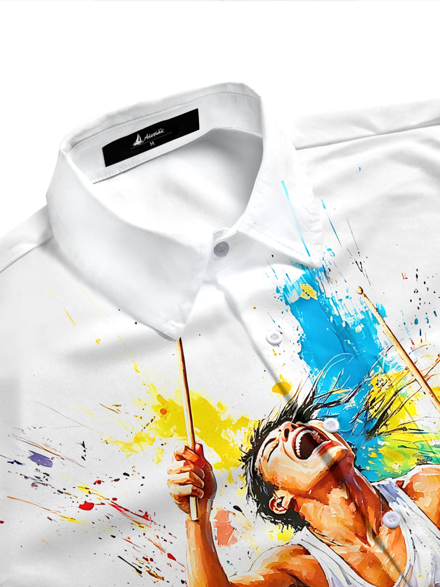 Adaychic Men's Drummer Paint Splatter Graphic Print Short Sleeve Button Down Shirt with Chest Pocket