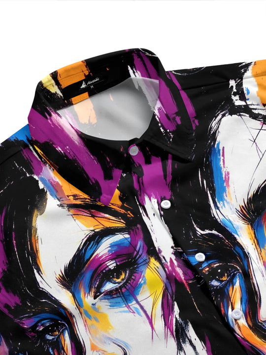 Adaychic Men's Graphic Abstract Woman Faces Print Short Sleeve Shirt with Chest Pocket