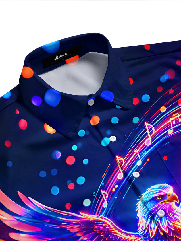 Adaychic Men's Graphic Neon Eagle Playing Drums Print Short Sleeve Shirt with Chest Pocket
