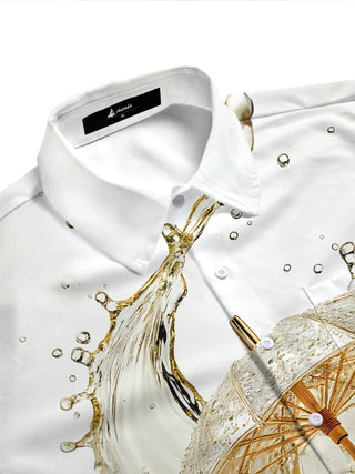 Adaychic Men's 3D Golden Umbrella Print Liquid Splash Print Short Sleeve Shirt with Chest Pocket