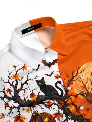 Adaychic Men's Halloween Black Cats And Pumpkins Print Short Sleeve Shirt with Chest Pocket